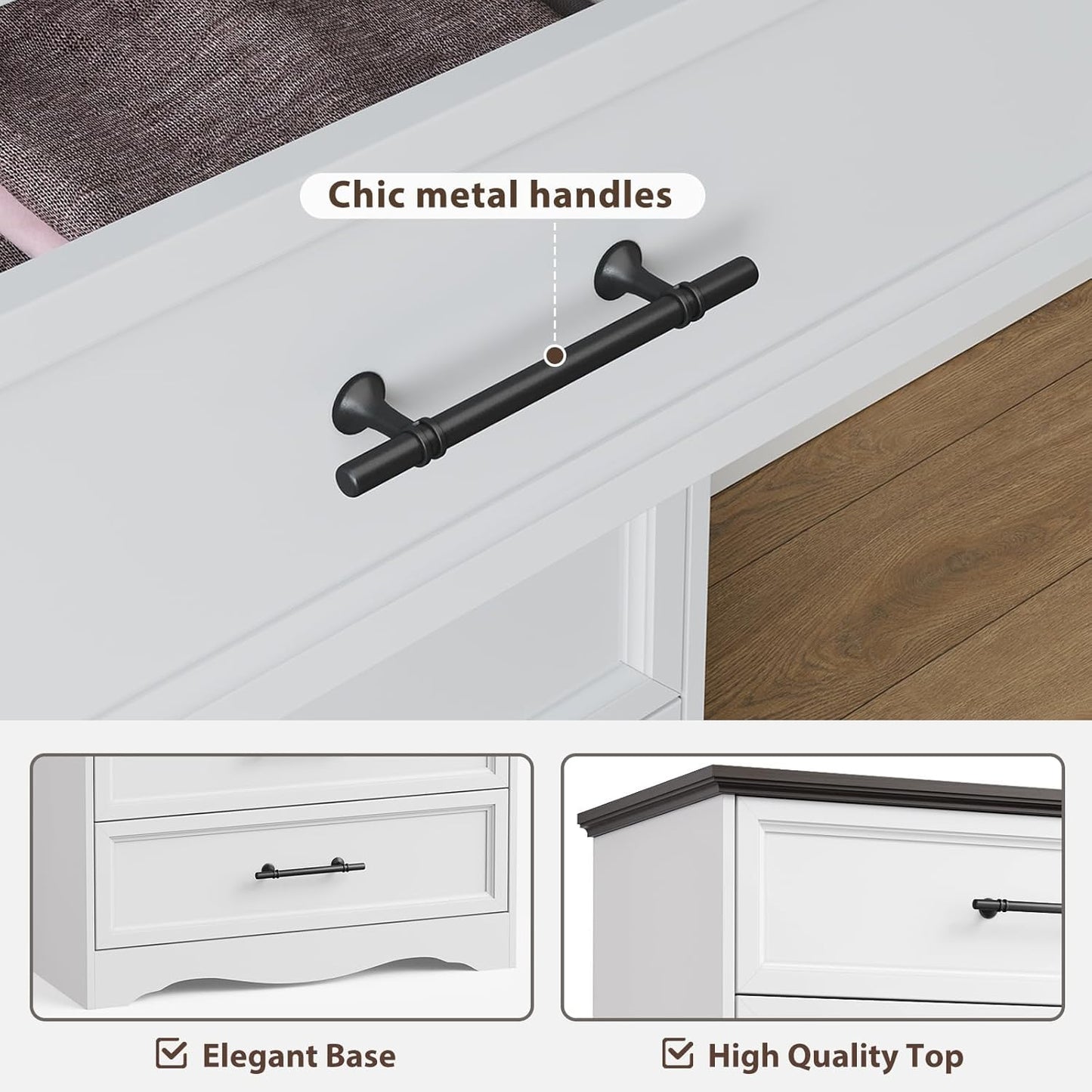 White Farmhouse Dresser for Bedroom, Modern 6 Chest of Drawers, 44" Tall Chest of Drawers w/Brushed Metal Handle, Wood Closet Organizers and Storage Cabinet for Bedroom, Living Room, Hallway