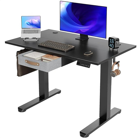 Seang Standing Desk with Drawer, 40" x 24" Height Adjustable Stand Up Desk, 3 Memory Height Settings with Cable Grommets & Storage Hooks, Ideal for Home & Office, Black