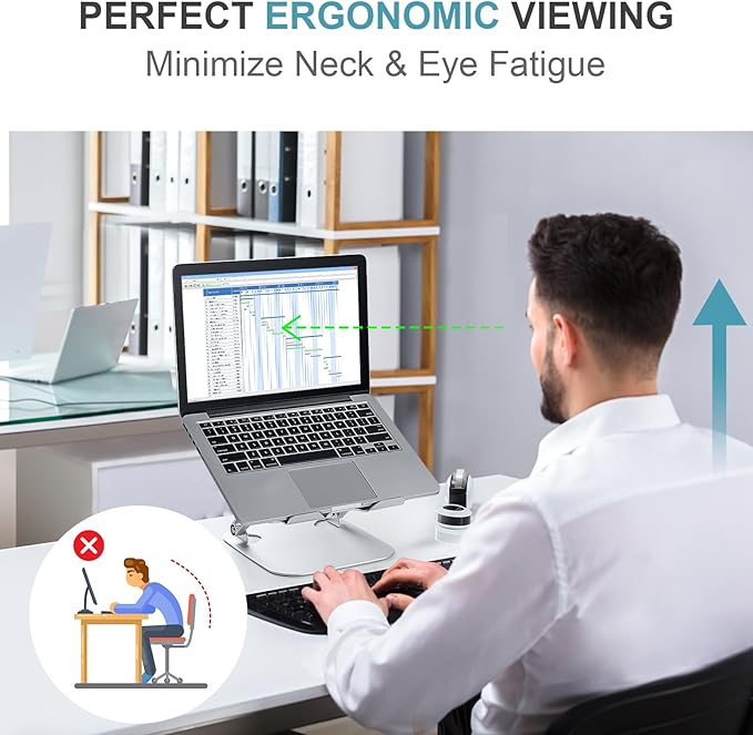 SHUWEI Laptop Cooling Stand with 3 Speed Fan, Adjustable Height Laptop Stand for Desk, Ergonimic Aluminum Laptop Cooling Pad for 10-15'' Notebook - Bule-Gray