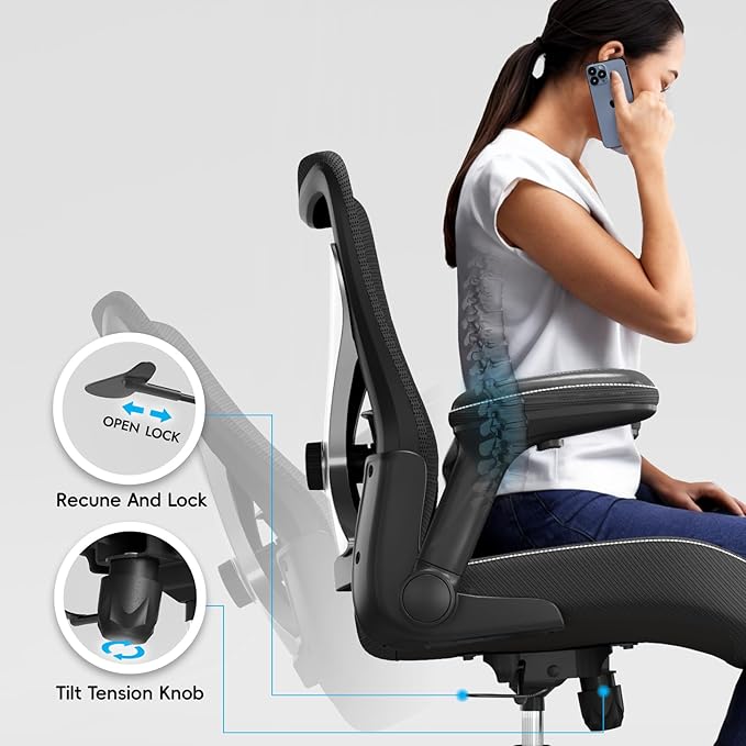 Ergonomic Office Chair-Computer PU Leather X-Shaped Desk Chair-Gaming Chair with Adjustable Flip-up Armrests Lumbar Support Mesh Executive Chair for Long Hours Office (Black-Silver)