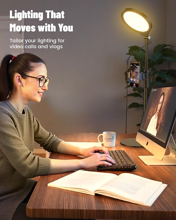 Desk Ring Light with Stand, Adjustable Desktop Light with Phone Holder for Video Calls, Zoom Lighting for Computer/Laptop/Conference/Webcam, Video Light for Recording, Podcast,Photography