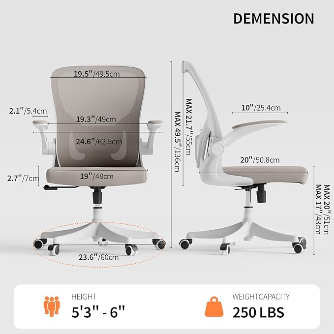 Monhey Office Chair Ergonomic Desk Chair with Lumbar Support&Headrest&Flip-up Arms Height Adjustable Rocking Swivel High Back Computer Chair Warm Taupe Mesh Study Chair (01Khaki)
