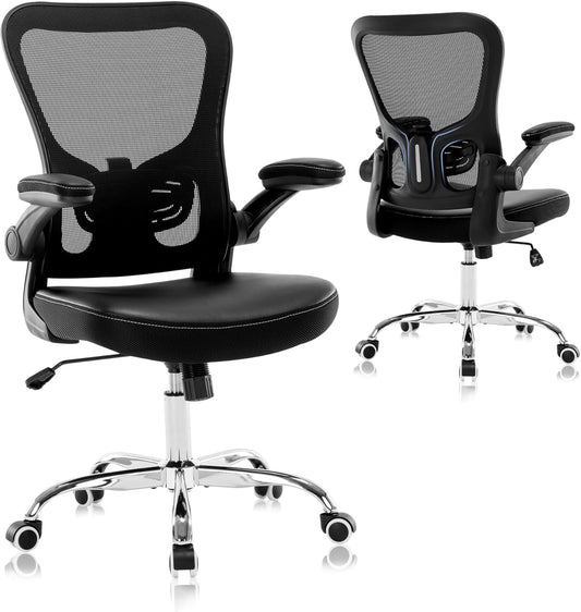 Office Chair, Mesh Ergonomic Desk Computer Chair with PU Leather Flip-up Armrest, Home Task Chair with Lumbar Support, Adjustable Executive Mid Back, Rolling Swivel,Black