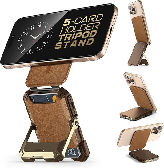 SUPCASE for MagSafe Wallet with Stand, Magnetic Genuine Leather Wallet for Men, [Hold 5 Cards] [Adjustable Stand] [RFID Blocking] Phone Stand Card Holder Tripod for iPhone 16/15/14/13/12 Series, Brown