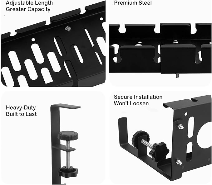 2 Pack Adjustable No Drilling Extendable Under Desk Cable Management Tray with Clamp Mount Heavy Duty Ventilated Design Under Desk Cable Management Tray for Office Home Desktop Wire Organization