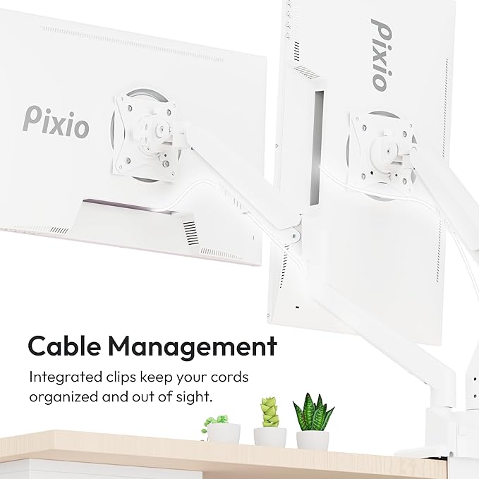 Pixio PS1D Wave White Dual Monitor Arm Stand Desk Mount - Fits up to 32 inches Monitors and up to 19.8lbs. VESA Compatibility and Integrated Cable Management