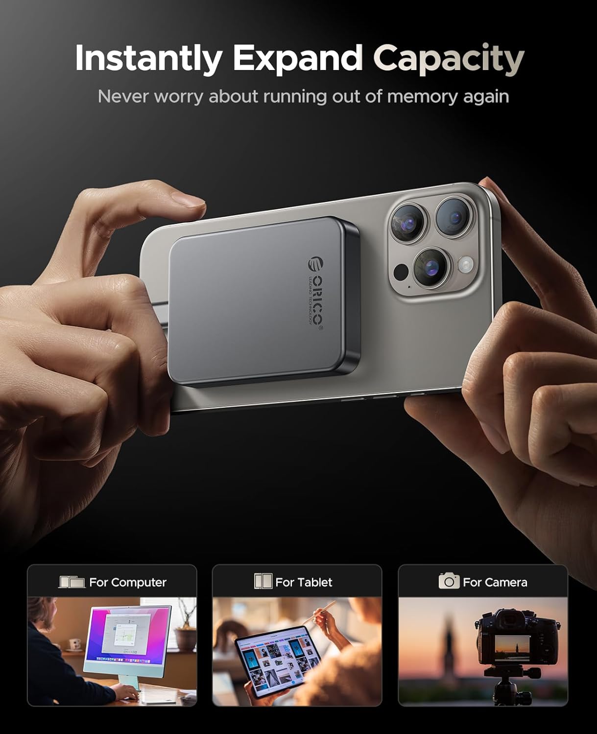 ORICO 1TB Magnetic Portable SSD, Metal Body, 4K 120 fps ProRes HDR Record and Store, Up to 460MB/s, USB C&A 2 in 1 Cable, External SSD Compatible with iPhone 16 Pro Max, Tablet, Computer - K5PLUS