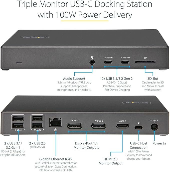 StarTech.com USB C Dock - Triple 4K Monitor USB Type-C Docking Station - 100W Power Delivery - DP 1.4 Alt Mode & DSC, 2X DisplayPort 1.4/HDMI 2.0-6xUSB (2X 10Gbps), SD - Windows/Chrome (DK31C2DHSPD)