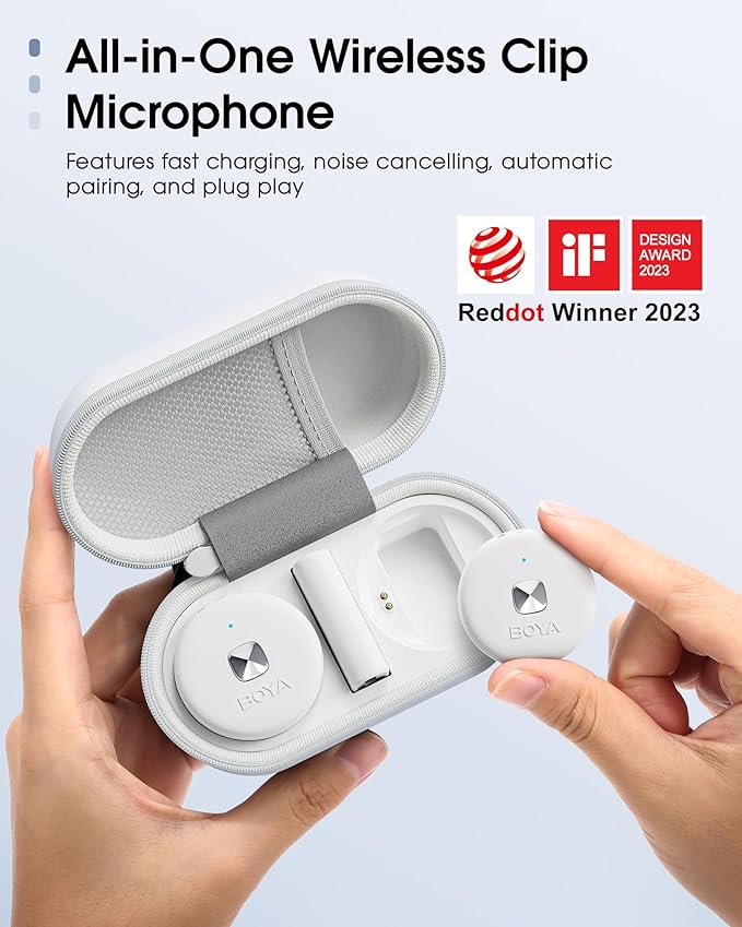 BOYA Omic Wireless Microphone for iPhone/Android with MFi Certified Lightning/USB-C Plug, Noise Reduction, 164ft 30H Battery Life with Charging Case, iPhone Microphone for Video Recording-White