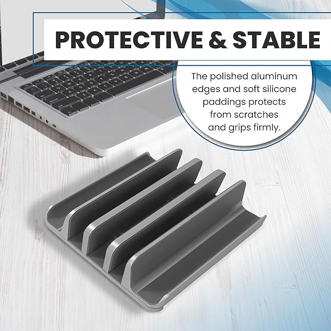 Multiple Laptop Holder Vertical – Adjustable Laptop Vertical Stand Holds 5 Devices, Fits All MacBooks Laptops Tablets and Mobiles (up to 17.3”). Closed Upright Vertical Laptop Stand for Desk