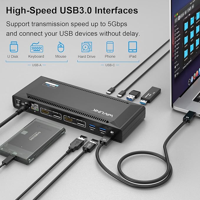 WAVLINK Universal USB C Laptop Docking Station Dual Monitors 5K/4K@60Hz with 65W Host Charging for Thunderbolt 4/3, USB-C Windows, Mac, Chrome, Ubuntu 20.04,22.04(2HDMI, 2DP, 6USB 3.0, 1Gbps Ethernet