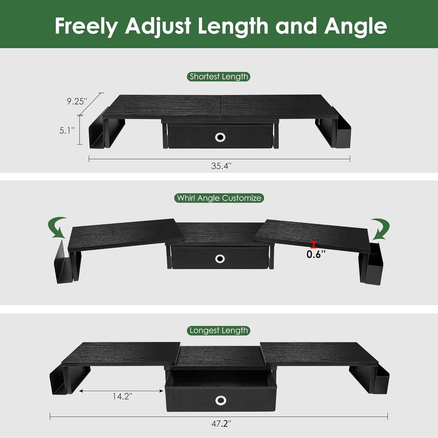 Dual Monitor Stand Riser w/ Drawer & Metal Leg, Large Computer Monitor Riser w/ Storage For 2 Monitors, Desk Shelf For Monitor w/ Adjustable Length & Angle, Desktop Organizer For Laptop/TV/Printer