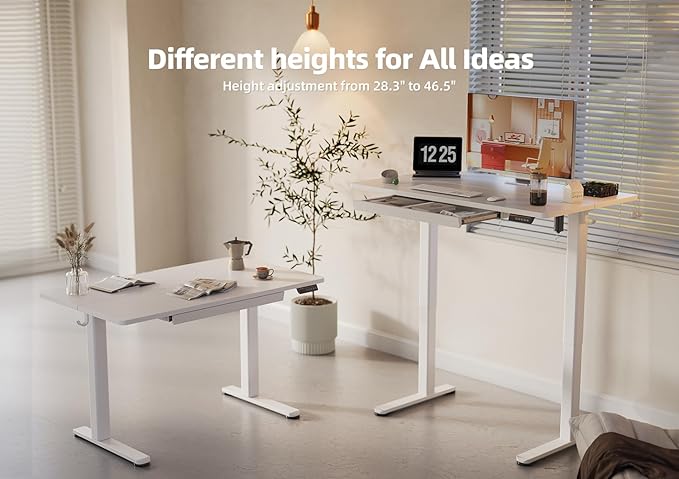 YDN Standing Desk with Drawers, 48 x 24 Inch White Standing Desks Electric Adjustable Height Desk for Computer Workstations, White