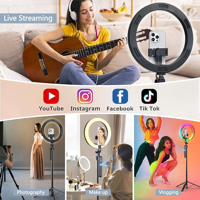 Auto Face Tracking 360 Rotation with 10" RGB Ring Light, Phone Tripod & Selfie Stick with Remote for Cell Phone 4"-7", Motion Sensor for Live Stream Vlog Video Recording
