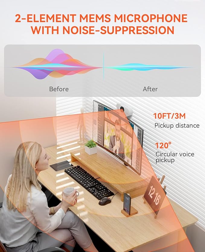 NUROUM V15AF 2K Webcam for PC, 1080p 60FPS AutoFocus Web Camera with Microphone, Privacy Cover and Mute, 75°FOV Dual Microphone USB FHD Computer Camera, Plug and Play for Zoom/Skype/Teams, White