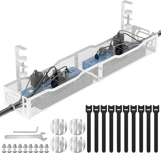 Under Desk Cable Management Tray, 15.7'' No Drill Steel Desk Cable Organizers, Wire Management Tray Cable Management Rack (24.4" Length-White)