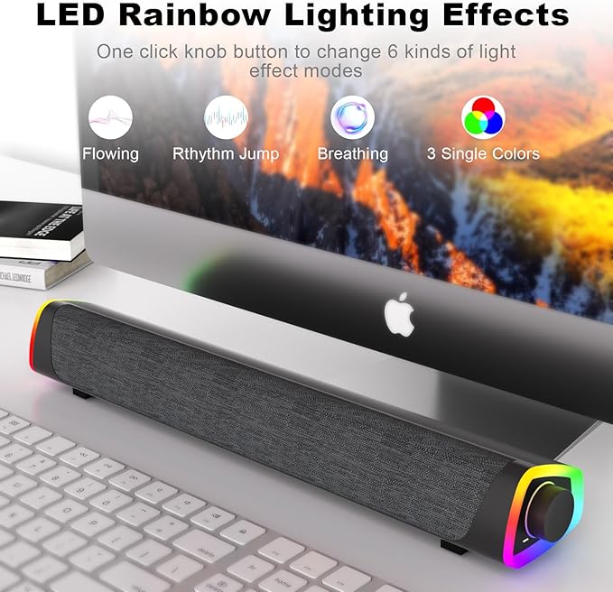 SOULION R30 Plus Bluetooth Computer Speakers for PC Desktop, All-in-one Control Button with 6 Modes LED Lights, Wired USB Powered Sound Bar, Surround Sound Portable SoundBar for Monitor Laptop Phone