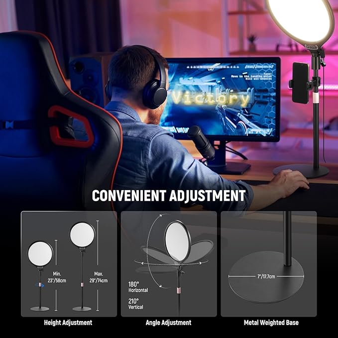 NEEWER Basics 10.5" Desk Ring Light with Stand/Phone Holder/Timer, 3000-6500K Full Screen 15W LED Selfie Panel Lighting for iPhone Recording Streaming Makeup Laptop Webcam Video Conference Zoom, R10