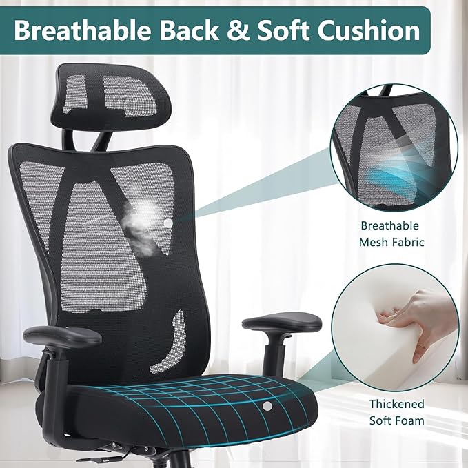 Home Office Desk Chair,2D Armrest Adjustable Lumbar Support & Headrest,Ergonomic High Back Rolling Work Swivel Computer Chairs with Wheels,135°Tilt Function, Inky