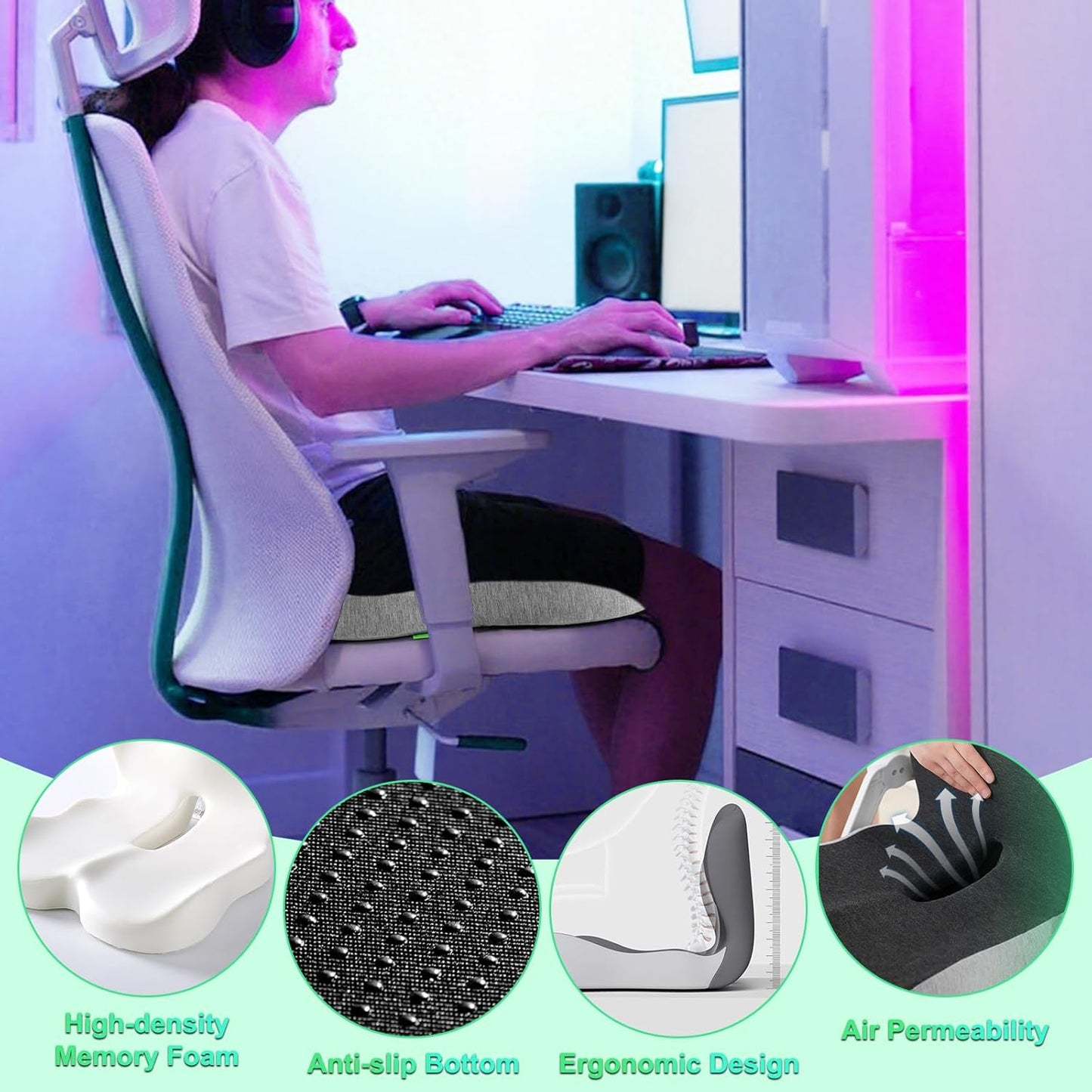 Buttocks Cushion for Office Chair Memory Foam Seat Pad for Butt Support Tailbone Relief Ergonomic Chair Cushion for Home Car Travel or Work (Army Green)