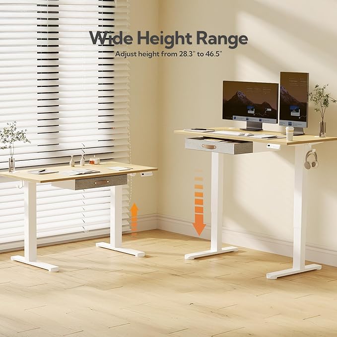 Seang Standing Desk with Drawer, 40" x 24" Height Adjustable Stand Up Desk, 3 Memory Height Settings with Cable Grommets & Storage Hooks, Ideal for Home & Office, Nature