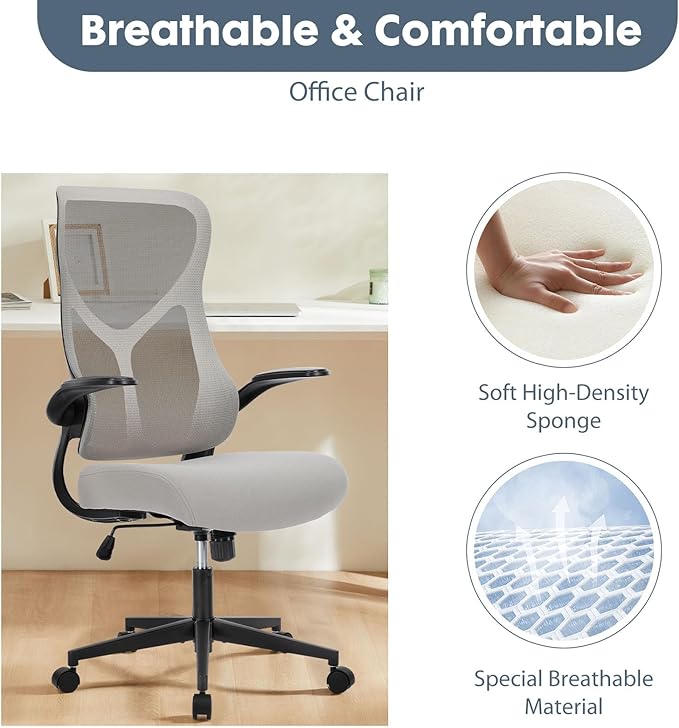 Sweetcrispy High Back Office Chair - Ergonomic Computer Gaming Mesh Chairs with Lumbar Support, with Soft Flip Up Arms, Adjustable Height and 360° Wheels, 120° Rocking Mode, Light Grey