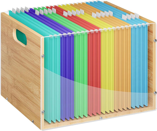 Clear Acrylic File Box Organizer, Bamboo Hanging Folder Storage Boxes, Filing Crate Bin Holder with Handle for Home Office Desk, Letter Size