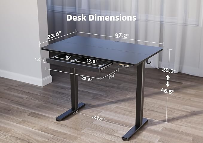 YDN Standing Desk with Drawers, 48 x 24 Inch Adjustable Height Stand Up Desk, Sit Stand Computer Desk for Home Office, Black