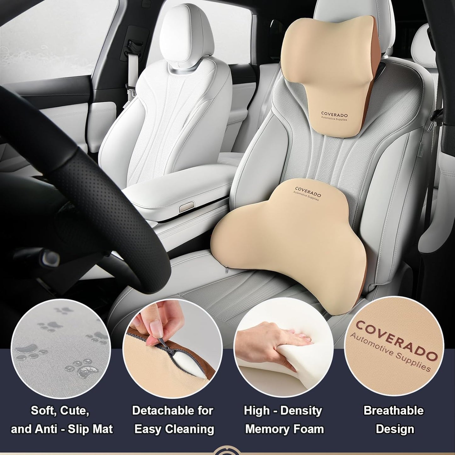 Coverado Lumbar Support and Car Neck Pillow, Ergonomic Memory Foam Desk Chair Cushion and Headrest Pillow for Car Office Chair, Sciatica & Neck & Tailbone Pain Relief Cushion-Beige