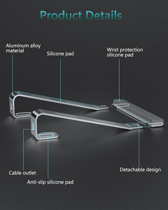 Aluminum Laptop Stand, Notebook Stand with Wrist Rest, Ergonomic Detachable Laptop Mount, Computer Stand Compatible with 10-17'' All Laptops Such as MacBook Air Pro/HP/Dell/Lenovo, Silver