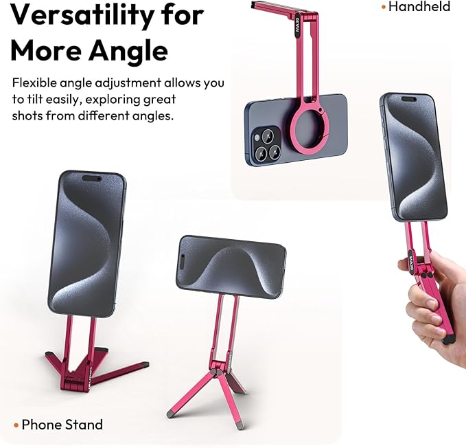 ULANZI MA30 Magnetic Phone Tripod Stand for iPhone - Aluminium Maglock Smartphone Mini Tripod Pocket Cell Phone Stand Strong Magnet Quick Mount Compatible with iPhone 16 15 14 13 12 Series, Red