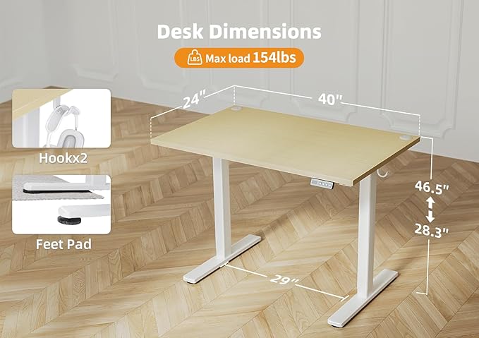 Seang Standing Desk with Adjustable Height, 40x24 Inch Electric Stand Up Desk for Home Office, Studio, Computer Workstation, Nature Top