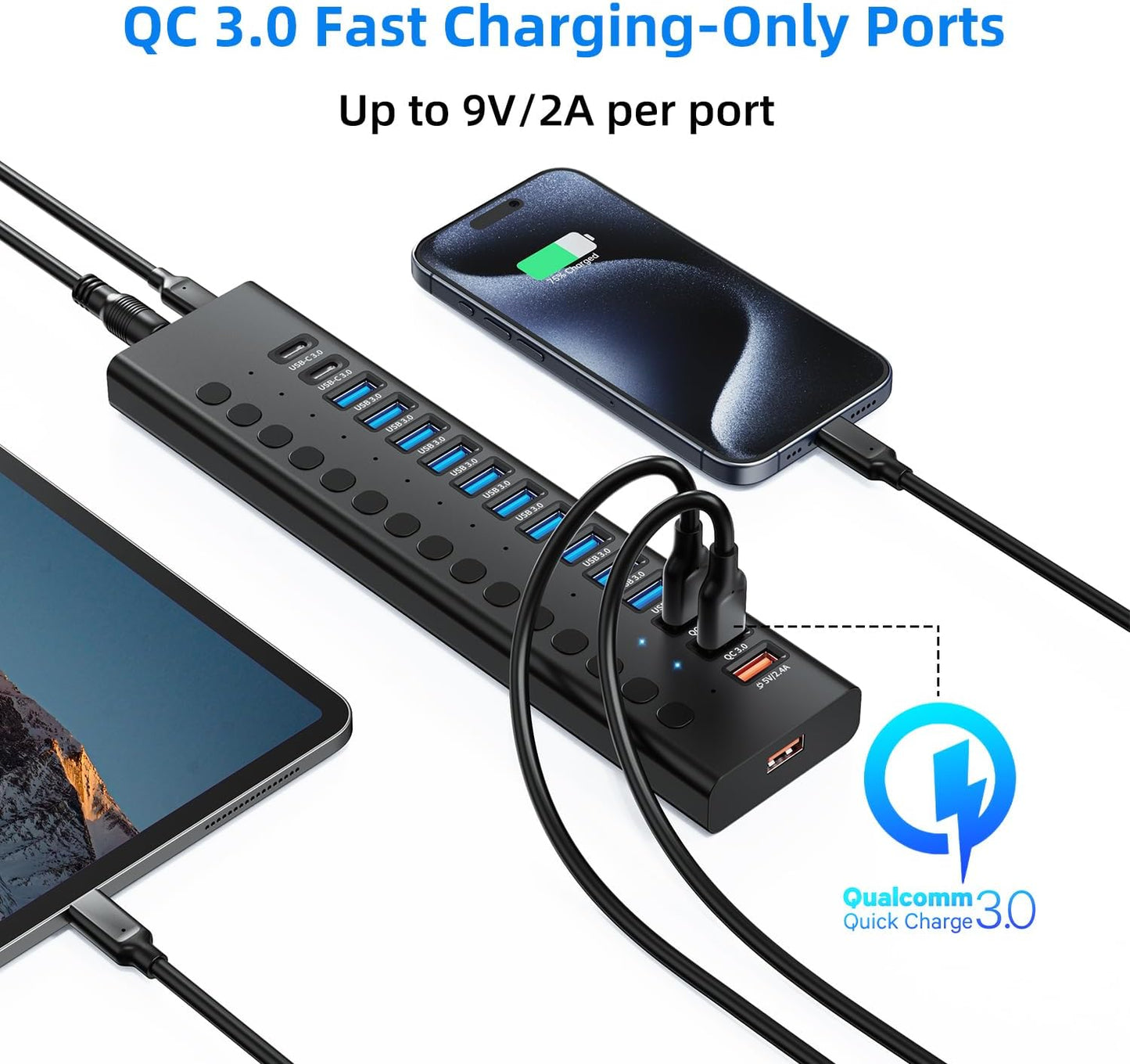 Powered USB 3.0 Hub, 16-Port USB C Hub Splitter (10 USB 3.0+2 QC 3.0+2 Smart Charging+2 USB-C 3.0) with Individual Switches, 12V 7.5A 90W UL Certified Power Adapter for Laptop, Mac, PC, Computer