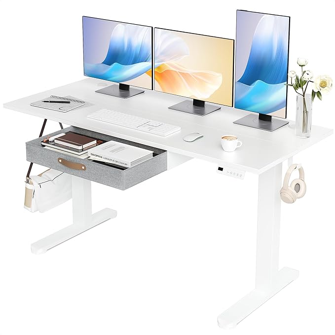 Seang Standing Desk with Drawer, 55" x 24" Height Adjustable Stand Up Desk, 3 Memory Height Settings with Cable Grommets & Storage Hooks, Ideal for Home & Office, White