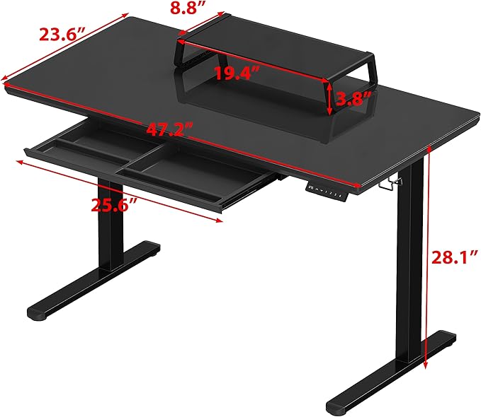 SHW 48x24 Glass Electric Height Adjustable Standing Desk – Motorized Sit Stand Desk with Monitor Riser, Pull-Out Drawer, Memory Presets, Black