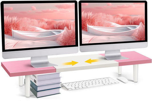 Dual-Monitor-Stand-Riser-For-Desk Adjustable Length 32-40 Inch，Large Desktop Computer Monitor Riser For 2 Screens，Desk Shelf Organizer Riser Stand For Computer/Laptop/PC/Printer/TV