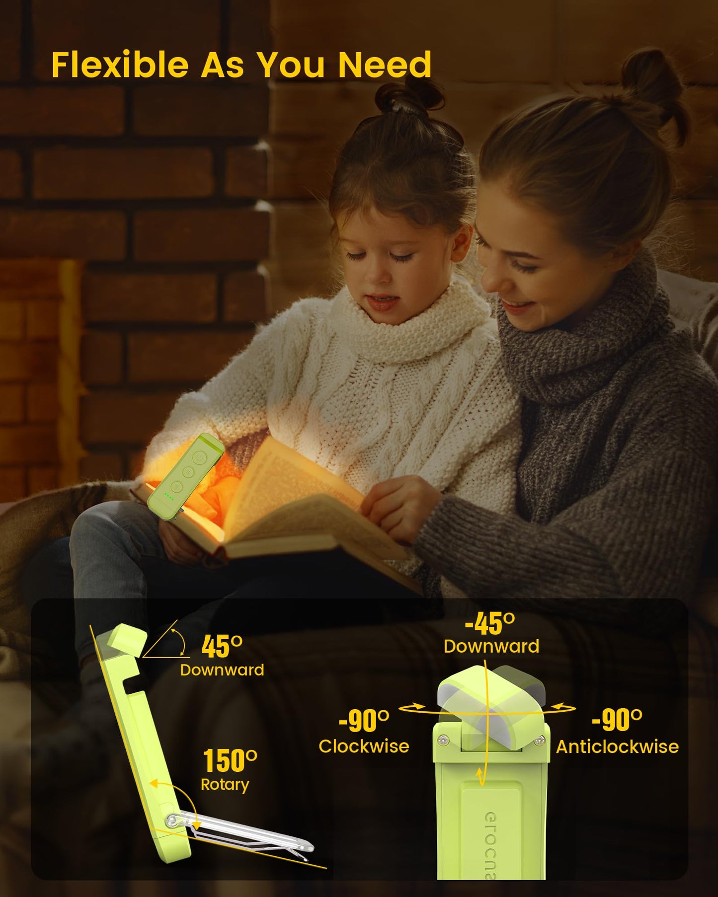 Glocusent USB Rechargeable Book Light for Reading in Bed, Portable Clip-on LED Reading Light, 3 Amber Colors & 5 Brightness Dimmable, Compact & Long Lasting, Perfect for Book Lovers, Kids