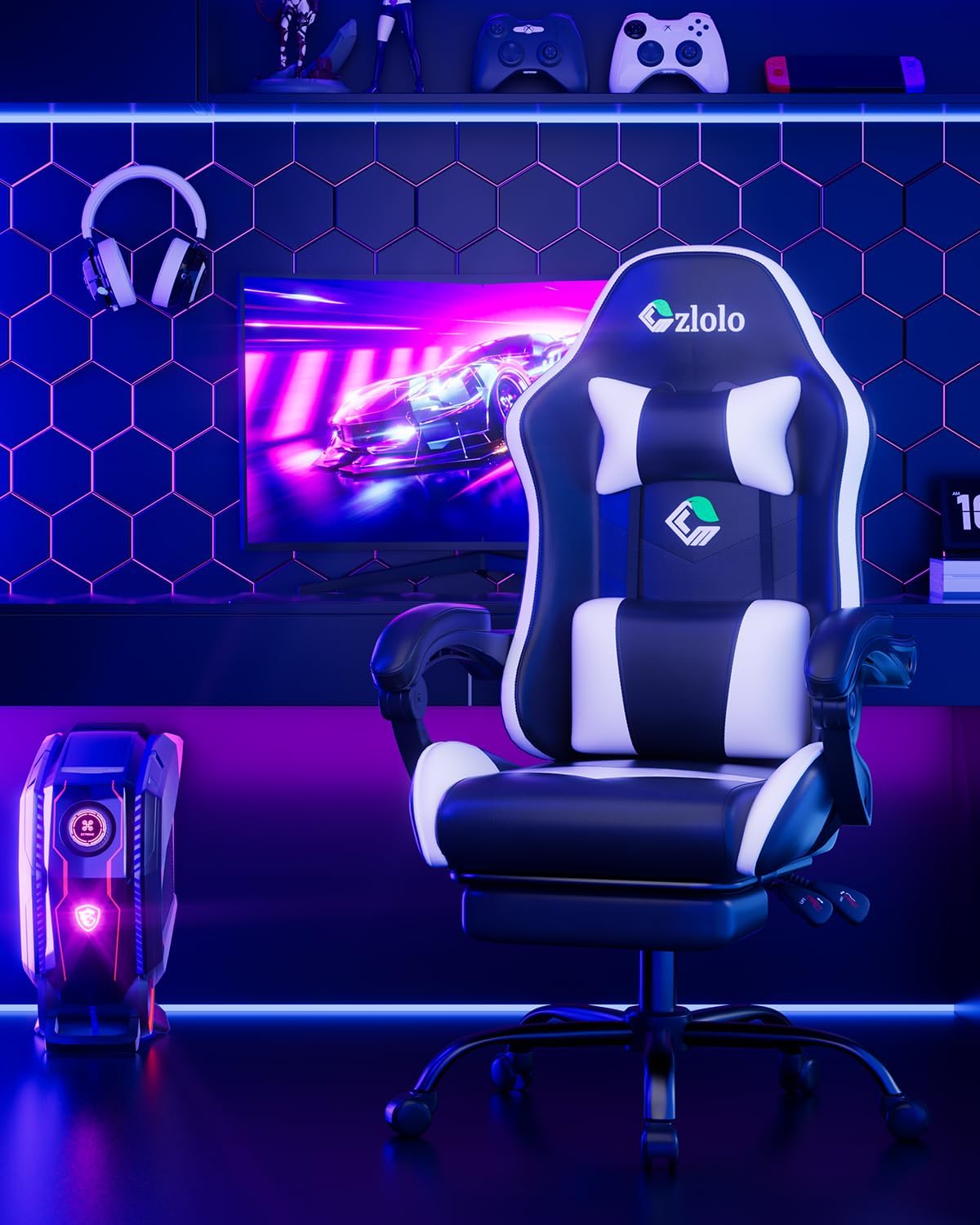 Gaming Chair, Ergonomic Office Computer Chair with Footrest and Lumbar Support Massager Racing Style High Back Video Gamer Chair, Wide＆Thick Cushion, 90°-135° Recline, Adjustable Height, White