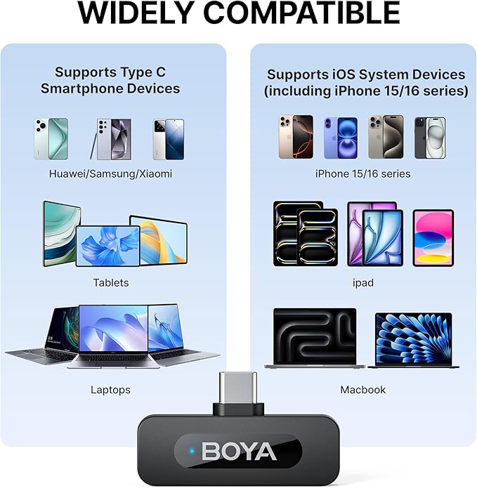 BOYA BY-V20 Wireless Microphones for iPhone 15/16 Series, Android/Laptop with USB-C Port, 328ft Range, 9H Battery Life, Noise Reduction Mini Mic Clip on Lapel Microphone Wireless for Video Recroding