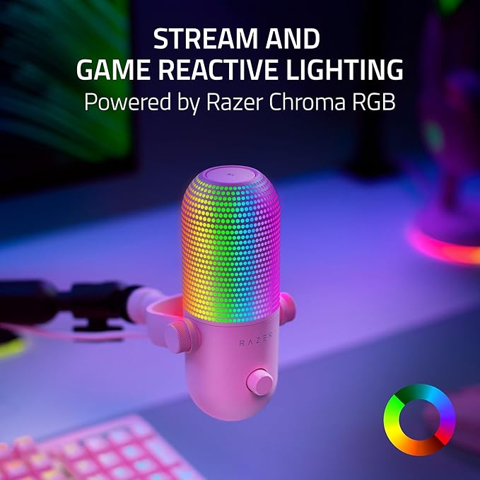 Razer Seiren V3 Chroma RGB USB Microphone: Stream & Game Reactive Lighting - Tap-to-Mute Sensor - Condenser Mic - Digital Gain Limiter & Shock Absorber - PC, Discord, OBS Studio, XSplit - Quartz Pink