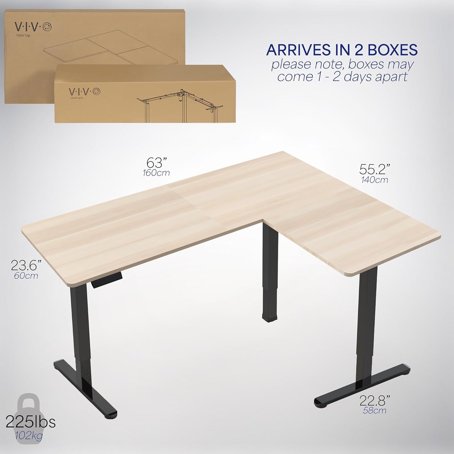 VIVO Electric Corner L-Shaped 63 x 55 in Standing Desk, Memory Height Adjustment, Light Wood Top Black Frame, DESK-E3CTBC