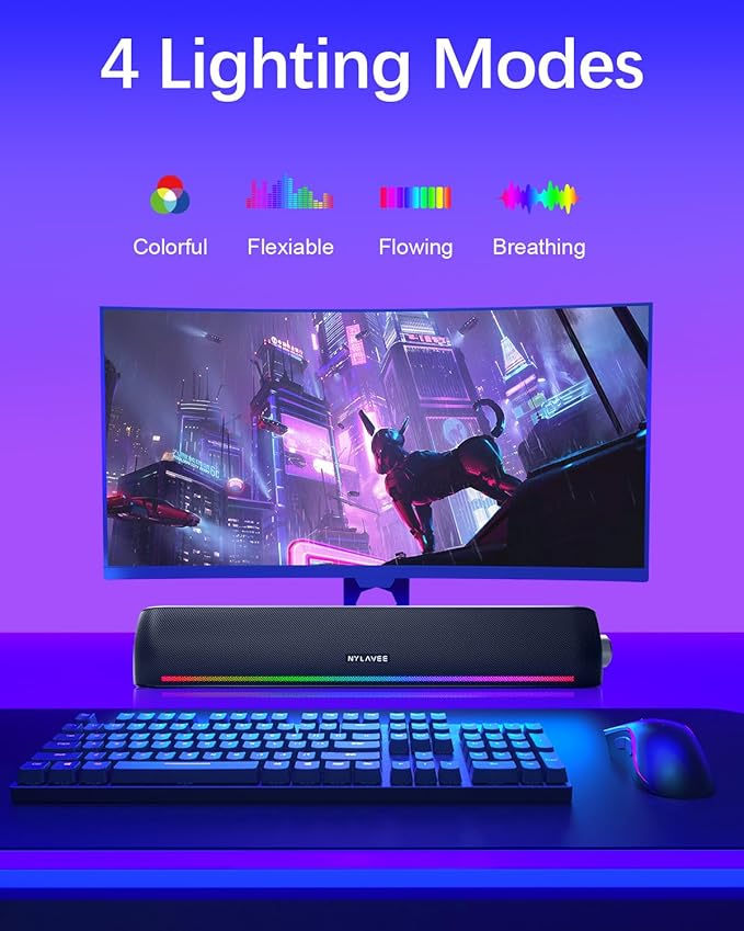 Computer Speakers, Hi-Fi Sound Quality Computer Sound Bar, Bluetooth 5.0 & 3.5mm Wired PC Speakers with 4 Dynamic Lighting Modes, USB Powered Speakers for PC, Desktop, Laptops, Phones, Monitors, Xbox