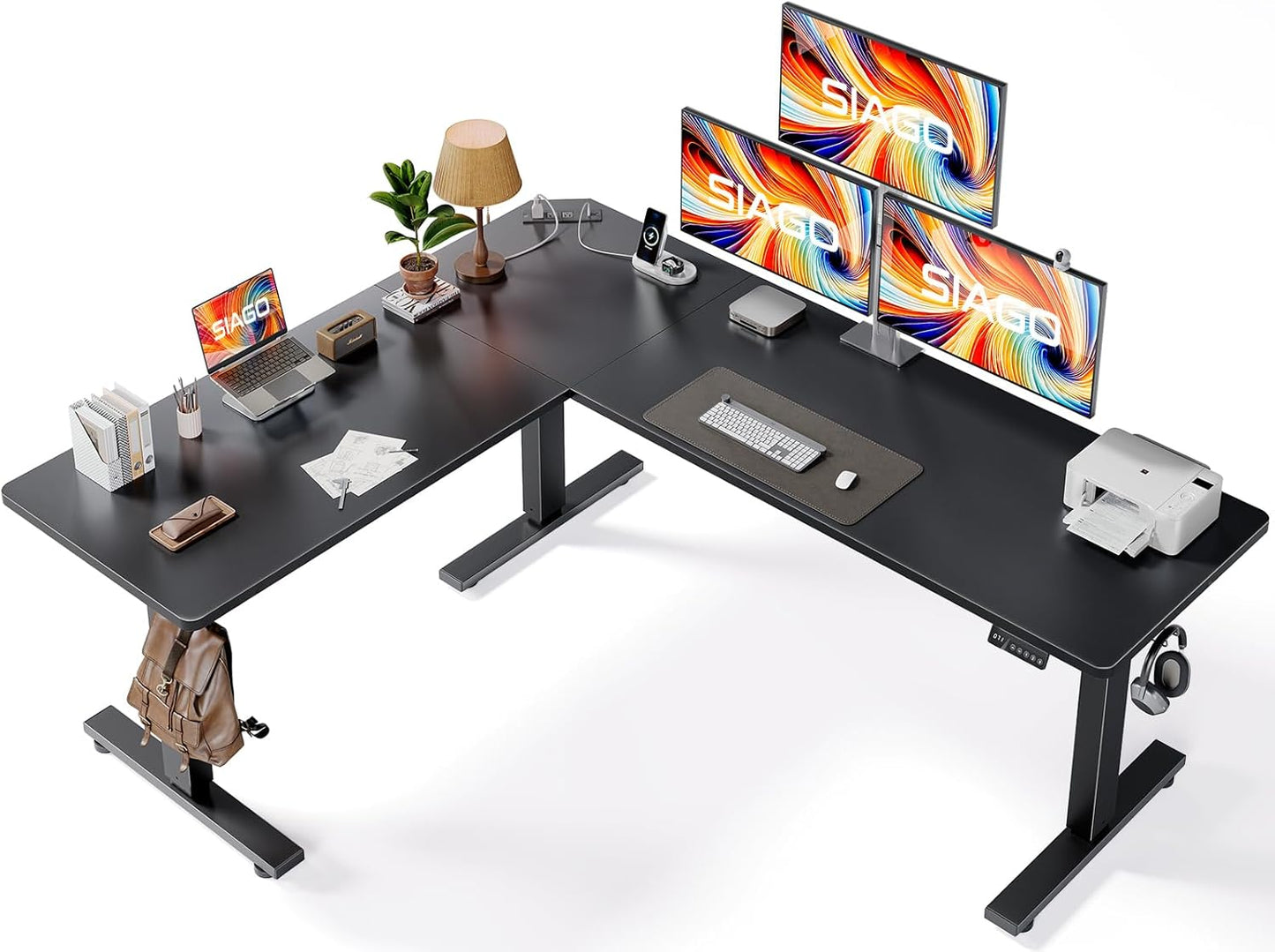 SIAGO L-Shaped Standing Desk - 75 x 63 Inch Adjustable Corner Standing Desk with Charging Station - L Shape Sit Stand Table with Memory Controller, Splice Board for Home Office