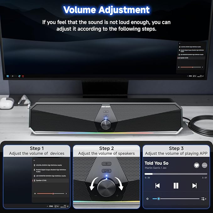 SENZER CS30 Bluetooth Computer Speakers for Desktop, USB Plug & Play PC Speakers with Dynamic LED Light, Stereo Sound Soundbar for Desktop Laptop Monitor (USB-C Adapter Included)