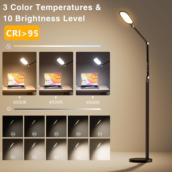 Ring Light with Stand, 15W Dimmable Zoom Lighting for Computer, Home Office, Reading, Video Calls, 66 Inches Floor Lamp with Flexible Swing Arm, AC Plug, Remote, Memory & Timer CRI >95