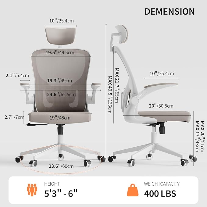 Monhey Office Chair Ergonomic Desk Chair with Lumbar Support&Headrest&Flip-up Arms Height Adjustable Rocking Swivel High Back Computer Chair Warm Taupe Mesh Study Chair (White+Khaki-2)