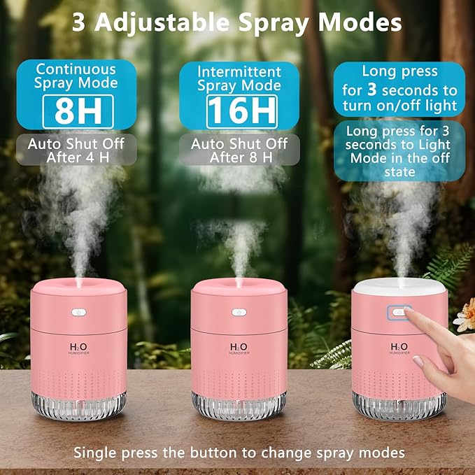 Colorful Mini Humidifier, USB Rechargeable Humidifier, small humidifier, 4 Modes Super Quiet, Humidifiers For Bedroom,Suitable For Travel Office Family Baby Bedroom-Pink1.0