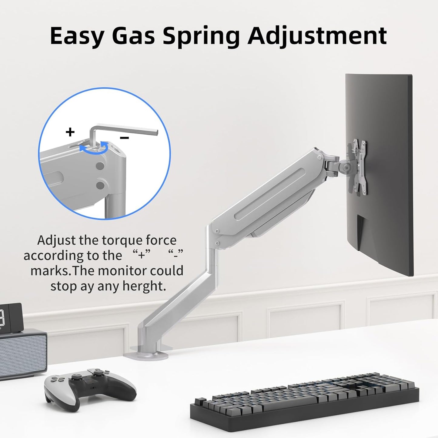 Suptek Single Monitor Mount Adjustable Gas Spring Monitor Arm Desk Mount Stand Fits 17 20 22 23 24 26 27 32 33 inch Monitors,Holds up to 22 lbs,Silver(MD18S)