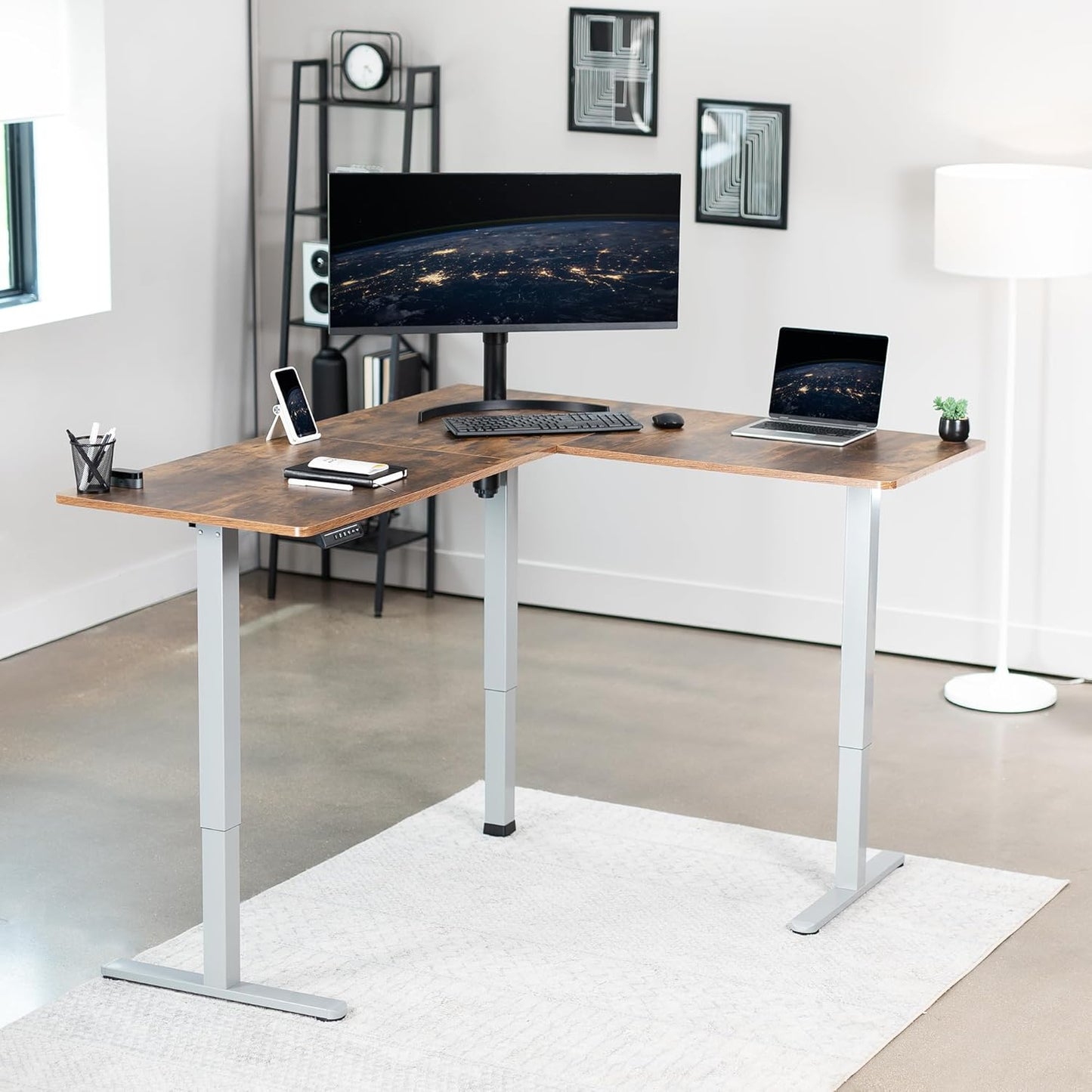 VIVO Electric Corner L-Shaped 63 x 55 in Rustic Standing Desk, Memory Height Adjustment, Vintage Brown Top Gray Frame, DESK-E3CTGN