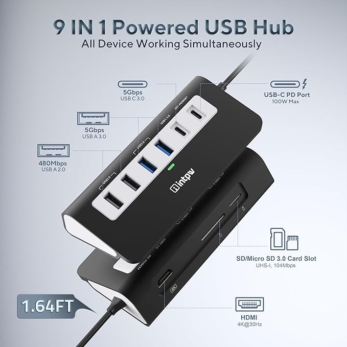 USB C Hub, INTPW 9-in-1 USB Multiport Adapter with 4K HDMI, PD 100W, USB-C and 2 USB A 3.0 5Gbps, 2 USB A 2.0, SD/TF Card Reader, Aluminum USB Hub for Laptop, iPhone 16/15 Series, MacBook, iPad